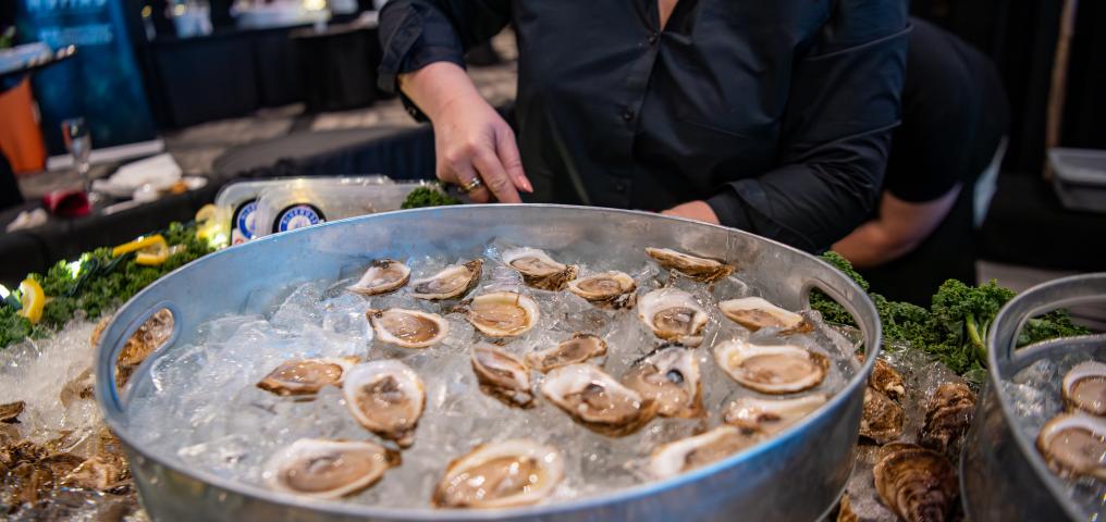 20 shucked nova scotia oysters are displayed on a block of ice